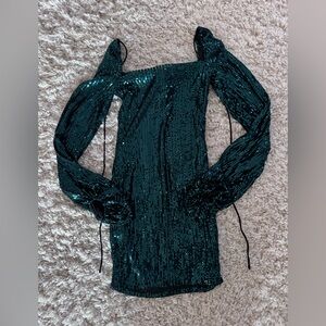 Elvi Teal Sequin Off-Shoulder Mini Dress